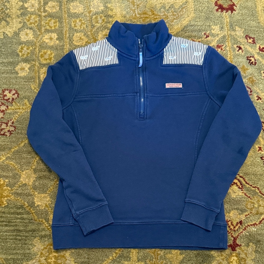Vineyard Vines Navy Zip-Up Sweatshirt with Striped Shoulders, XS